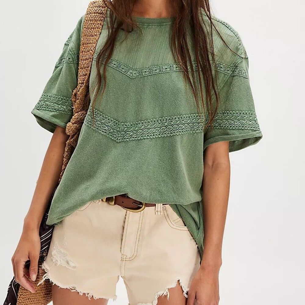 Free People We The Free Dorothy Tee Tunic Top Oversized Green Cotton L 287059